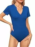 Missufe Damen Sommer Body V-Ausschnitt Kurzarm Figurbetonte Freizeit T-Shirt Bodysuit Tops (Blau, Klein)
