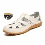 MAOAEAD Orthopädische Halbschuhe aus atmungsaktivem Leder, geschlossene Zehensandalen für Damen 2024, bequeme flache Fischer-Sandalen, Fahrschuhe, beige, 38 EU