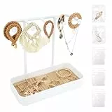 Schmuckständer Klein mit 5 Schmucksäckchen, Multifunktional Schmuckhalter mit Bodenschale, Ohrringhalter Schmuckaufbewahrung für Halsketten, Armbänder, Armreifen, Ringe, Uhren, Parfüm (Weiß)