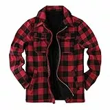 Herren-Fleece-Jacke, Sherpa-Futter, Reißverschluss, Büffelkariert, Flanellmantel, lässig, langärmelig, warm, Herbst und Winter, Rot/Ausflug, einfarbig (Getaway Solids), XL