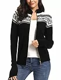 Sykooria Damen Strickjacke Weihnachten Cardigan Warm Winter Sweater mit Norweger Muster Zip Pullover Christmas Jacke Weihnachtsstrickjacke, Schwarz L