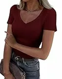 Imily Bela Damen T-Shirt Sexy Kurzarm Shirt mit V-Ausschnitt Sommer Basic Oberteil Slim Fit Tee Tops.Weinrot.M