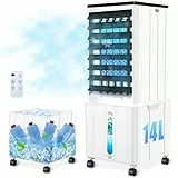 Klimagerät ohne Abluftschlauch, 14L 60W Klimaanlage Mobil mit 12H Timer, 3 Modus, 40dB, 120°Oszillation, Abnehmbare Wassertank, Fernbedienung, Leise Portable Air Conditioner für Wohnung Zimmer Räume