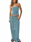 Tankaneo Gestreiftes 2-teiliges Damen-Set, Sommer, trägerlos, bauchfrei, Röhren-Top, weites Bein, Hose, passendes Lounge-Set, Urlaubs-Outfits, Marineblau, M