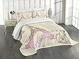 ABAKUHAUS Kuss Tagesdecke Set, Floral Paris Symbol Eiffel, Set mit Kissenbezug Klare Farben, für Einzelbetten 170 x 220 cm,Elfenbein Rosa