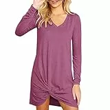 TSWRK Damen Kleid Langarm Kleider Einfarbig Partykleid Unregelmäßig Saum Wickelkleider
