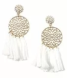 Happiness Boutique Damen Statement Ohrringe mit Quasten in Weiß | Quastenohrringe Mandala Design in Goldfarbe