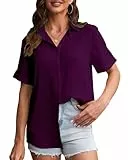 SPRING SEAON Damen Button-Down-Shirt Kurzarm Kragen Tops Arbeit Büro Chiffon Bluse, fuchsia, M
