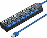 LOBKIN USB Hub 7-Port,Tragbar USB 3.0 Hub mit Einzelnen LED-Netzschaltern fur Laptop, PC, MacBook und weitere USB Geräte