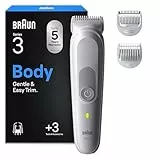 Braun Bodygroomer Series 3, Elektrischer Körperrasierer Herren mit 3 Zubehörteile, Kabelloser Trimmer für Intimbereich und Körper, 80 Min Akku, Wasserdichter Körperhaartrimmer, BG3530, Grau
