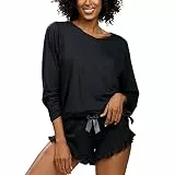 DKaren Damen Schlafanzug Set Ronnie XL - Zweiteiler Damen Pyjama - Loungewear mit Langen Ärmeln und Kurzen Hosen - Nachtwäsche Damen mit Tasche und Rüschen - Pjama Set Schwarz