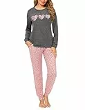 Marvmys Schlafanzug Damen Lang Pyjama Set Baumwolle Zweiteiliger Nachtwäsche Winter Sleepwear und Bedruckte Pyjamahose