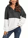 Vossmi Hoodie Damen Winter Kapuzenpullover Langarmshirt Flauschiger Warme Pullover Teddyjacke Sweatshirts mit Taschen Sweatjacke Loose Pulli Oberteile Schwarz-Weiß,M
