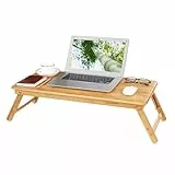 SONGMICS Laptoptisch, klappbarer und höhenverstellbarer Notebooktisch, mit Lüftungslöchern, für Links- und Rechtshänder, Betttisch aus Bambus mit Schublade, 72 x (21-29) x 35 cm (B x H x T) LLD004