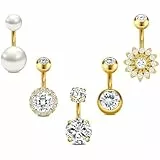Crdifu 14G 6mm Kurz Bauchnabelpiercing Gold, 1,6mm Bauchnabel Piercing 316L Edelstahl, 5er Set Bauchnabelpiercing Blume Perle Kristall Zirkonia, Bananabell Piercing Hypoallergen Frauen Damen