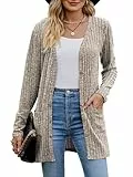 MYCOLORBLUE Alte Zeiten Strickjacken für Damen Elegant Cardigan Gerippt Langarm Knopfleiste mit Taschen Strickcardigan Khaki L