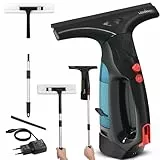 LEHMANN Akku Fensterreiniger mit zusätzlicher Gummilippe, Fenstersauger kabellos 25 cm, elektrischer Fensterputzer Set mit Sprühfunktion, 100 ml Tank, Teleskopstange & Mikrofaserbezug
