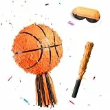Relaxdays Pinata Basketball, mit Stab & Maske, Partypinata Kinder, Geburtstag, zum Befüllen, D: 25 cm, orange-schwarz