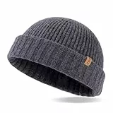 TOP-EX XL/XXL 100% Merino Wolle Fisherman Beanie Trawler Beanie Herren Damen Wintermuetze Strickmuetze Grau M/L