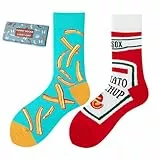 NxnChc Lustige Socken Für Damen Und Herren Unisex Viele Pommes mit Ketchup Motive Tier Essen Obst Sport Kunst Aus Baumwolle Geschenk Asymmetrische Muster Links Und Rechts
