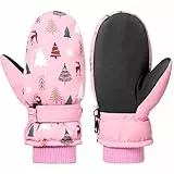 Rhino Valley Schneehandschuhe für Kinder,wasserdichte Skihandschuhe für Kaltes Wetter,rutschfeste Handschuhe, Verstellbarem Magic Tape,Jungen/Mädchen Fäustlinge für Winter Outdoor-Aktivitäten(Rosa,S)