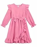 JiAmy Kleider für Mädchen Langarm Kleid Kinder Elegante Rüschenärmel Festliches Einfarbig A Linie Swing Partykleid Winterkleider mit Gürtel 120, Rosa