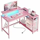 Bestier L-förmiger Eckschreibtisch mit Steckdosen & LED-Beleuchtung, umkehrbarer Computertisch mit Regalen & Haken, kompakter Schreibtisch für Home Office (3D Rosa Kohlefaser, 106CM)