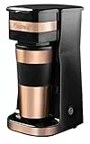 Bestron Kaffeemaschine mit Isolierbecher, Camping Kaffeemaschine für gemahlenen Filterkaffee, kleine Kaffeemaschine für 2 Große Tassen, 750 Watt, Farbe: Kupfer