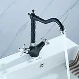 DiLiBee Wasserhahn Retro, Zweigriff Bad Armatur, Küchenarmatur, Einlochmontage, Küchenspüle Armatur aus Messing, Schwarz