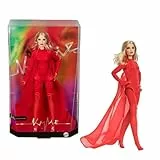 Barbie Signature-Puppe, Kylie Minogue bewegliche Sammelfigur im Outfit des Musikvideos „Padam Padam“ mit rotem Bodysuit, Chiffonumhang und Schnürstiefeln, JBJ39