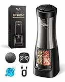 Sangcon 2 in 1 Salz und Pfeffermühle Elektrisch, Pfeffermühle USB-Aufladbarer,Automatische Einhandbedienung, Gewürzmühle mit Licht, Einstellbare Keramikmahlwerke
