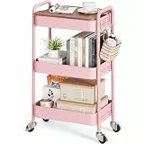 KINGRACK Rollwagen mit 3 Ebenen, Metallwagen mit abnehmbarem Holztablett, Aufbewahrung, Kunstwagen, Trolley, Organizer, Servierwagen, einfache Montage