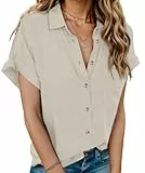 HOTOUCH Damen Hemd Freizeit Bluse Baumwolle Kurzarm Hemdbluse Elegant Blusenshirt zum Knöpfen V-Ausschnitt Casual Arbeit Shirt mit Tasche Beige XXL