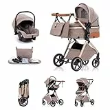 Kakbgee 3 in 1 Kinderwagen mit Babyschale, Faltbar Buggy, 7-fach höhenverstellbarem Griff, 4-Rad Federung, Regenschutz, Moskitonetz, Kombikinderwagen für Neugeborene 0-3 Jahre (15kg), Khaki
