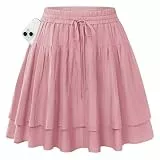 Kate Kasin Damen A Linie Hohe Taille Röcke mit Hose Sommer Casual Fließender Minirock mit Tasche Leicht Rüschen Stufenrock Rosa M