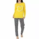 LOREZA ® Damen Pyjama Baumwolle Set Schlafanzug aus Baumwolle Langarm - XL - Modell 4 Gelb