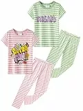 SOIBEEN Mädchen Pyjama Set Kurzarm T-Shirt mit Langen Hosen Loungewear Grün gestreifte PJs für Kinder Nachtwäsche Pyjama Nachtwäsche 9-10 Jahre Höhe 140