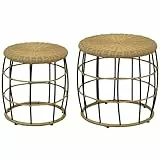 Outsunny Rattan Beistelltisch 2er-Set, Couchtisch, Stapelbarer Sofatisch, Handgeflochtener Kaffeetisch für Garten, Balkon, Stahl, Khaki