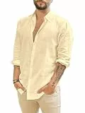 Runcati Herren Langarm Leinenhemd Umlegekragen Hemd Business Freizeithemd Sommer Shirt, Beige, M