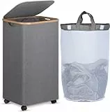 efluky Wäschekorb mit Rollen 100L, XL Wäschekorb mit Deckel mit Herausnehmbarer und Waschbarer Innentasche, Grau Wäschekorbs Extra Große aus Bambus für Waschküche, Schlafzimmer, Badezimmer