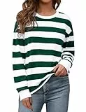 Aottori Sweatshirt Damen Streifen Baumwolle Pullover Langarm Rundhals Langarmshirt Oversize Oberteile Locker Elegant Tops Herbst Winter Casual Grün L