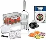 Genius Nicer Dicer Speed Set 9-tlg Multihobel - Gemüseschneider Gemüsehobel mit 3 Einsätzen, Schneidguthalter & Auffangbehälter 550ml | Parmesanreibe, Juliennereibe und V-Hobel, Silber