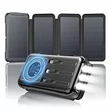 SOARAISE-Solar-Powerbank-25000mAh-Solar-Ladegerät mit 3 Kabel und 4 Solarpanel - PD QC 3.0 20W USB C Schnellladefunktion USB C Externer Akku mit 5 Ausgang und Taschenlampe für Smartphones und Camping