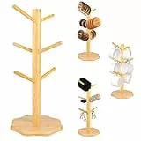 Tassenständer Holz, Tassenhalter mit 6 Haken und Verdickter Basis, Bambus Kaffeetassenhalter, Hölzerne Becherhalter Brezelhalter, Brezelständer Baum Tassenregal Holz für Küchentheke (Primärfarbe)