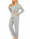 ENJOYNIGHT Schlafanzug Damen Lang Pyjama Set Baumwolle Langarm Nachtwäsche Zweiteiliger Hausanzug mit Taschen (X-Large,Grau Katze)
