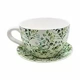 Dekohelden24 Blumentopf, Pflanztasse, Pflanzkübel, Pflanzgefäß, Blumenkübel, Pflanztopf. Übertopf als Tasse mit Griff aus Keramik, Motiv: Ranke, L/B/H 25 x 23 x14 cm.