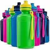 Trinkflasche Kinder Großpackung – 12 x 532 ml, 19 cm Große BPA-Freie Kunststoff Quetsch Trinkflasche mit Pop-Up-Verschluss und Griffen für Sommer, Schule, Sport, Uni oder Geburtstagsparty-Geschenke
