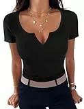 Aottori Damen T-Shirt Slim Fit Basic Tee Shirts V Ausschnitt Kurzarm Tshirt Sommer Casual Oberteile Gerippt Tops Einfarbig Schwarz XL