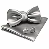JEMYGINS Herren Fliege Silber5 Satin Fliege und Einstecktuch mit Manschettenknöpfe Sets