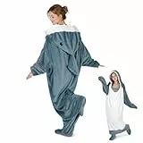 QUSLLIS Hai Kostüm Hai Decke – Marshmallow Decke mit Kapuze, Weicher Flanell Onesie Schlafsack Tragbare Decke für Erwachsene Kinder - XL